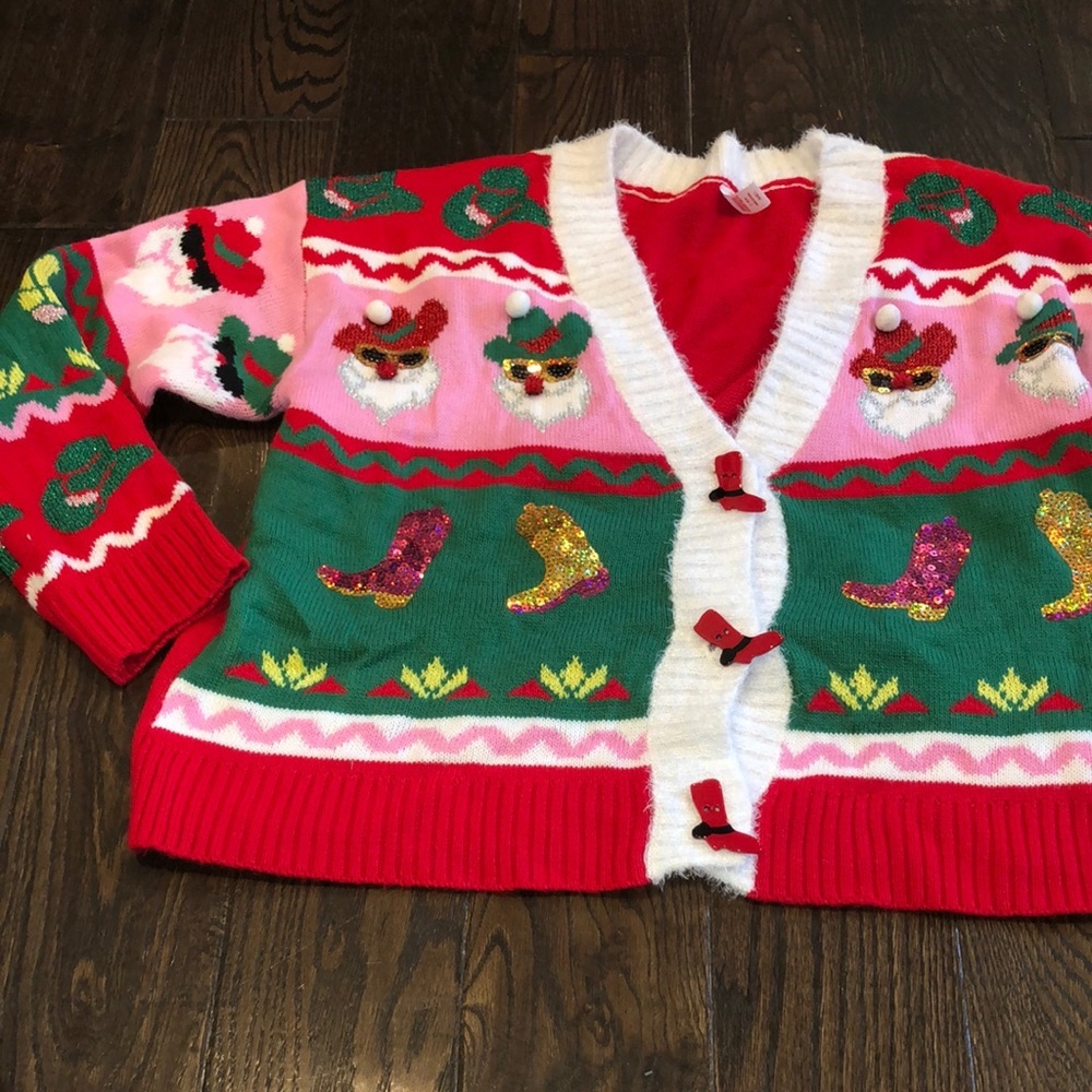 Holiday time red Christmas cardigan sweater cowboy boots country western cowgirl - Picture 4 of 12